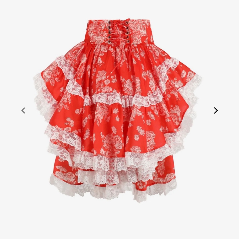 ❤️very Dior! Selkie Secret Admirer Silk Red Asymmetrical Skirt with White Lace - Picture 4 of 15